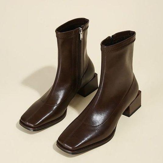 

Короткие женские ботильоны с коричневым квадратным носком на весну и осень 2025 года, новые французские однотонные ботильоны на толстом каблуке средней высоты, эластичные и т 39