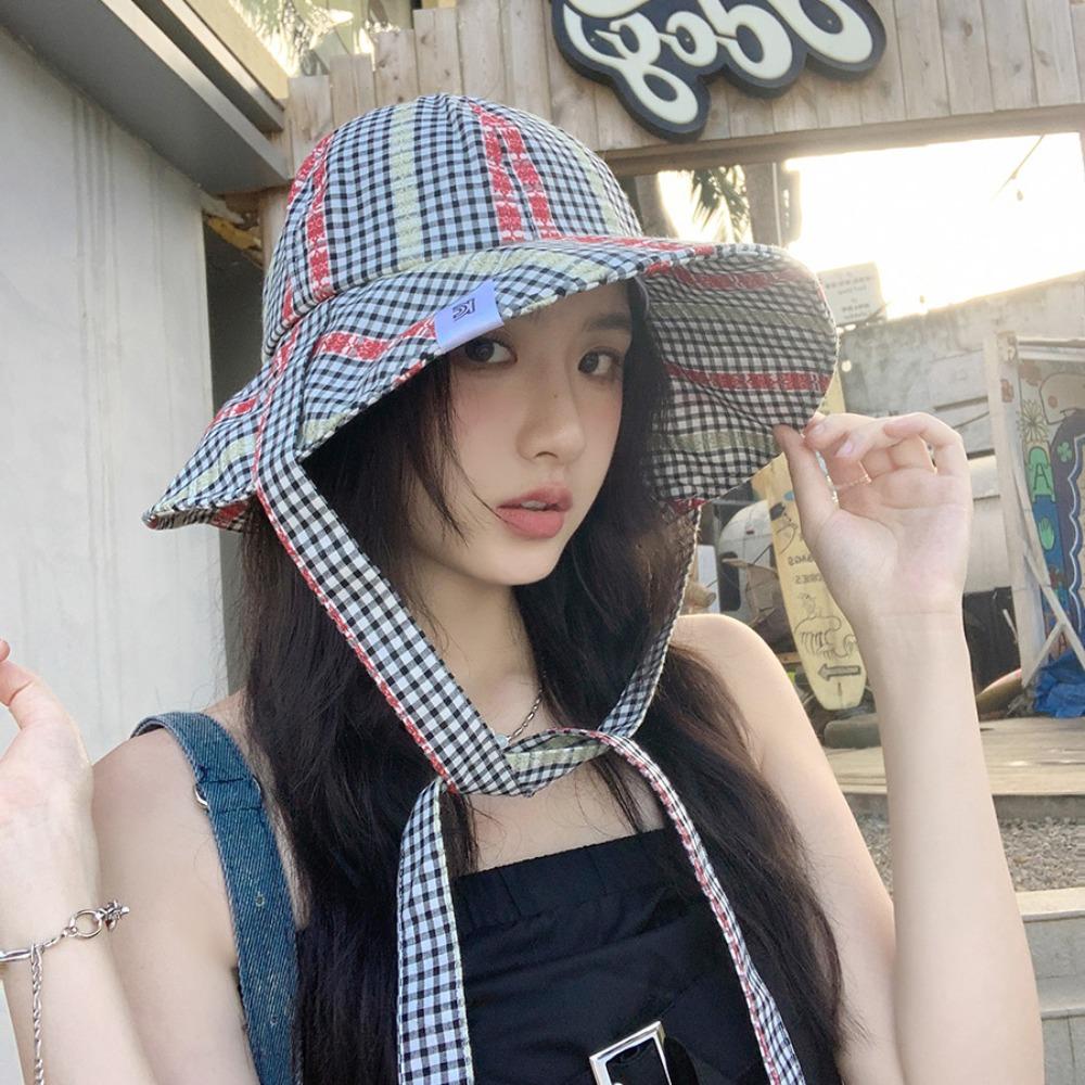 UV Protection Strappy Sun Hat Quick-dry Plaid Bucket Cap Fashion Seaside Fisherman Hat  Beach