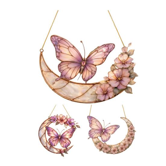 Moon Butterfly Flowers Acrylic Suncatcher Stained Glass Style Pink Window Hanging Decoration for Indoor Outdoor Garden Home Decor