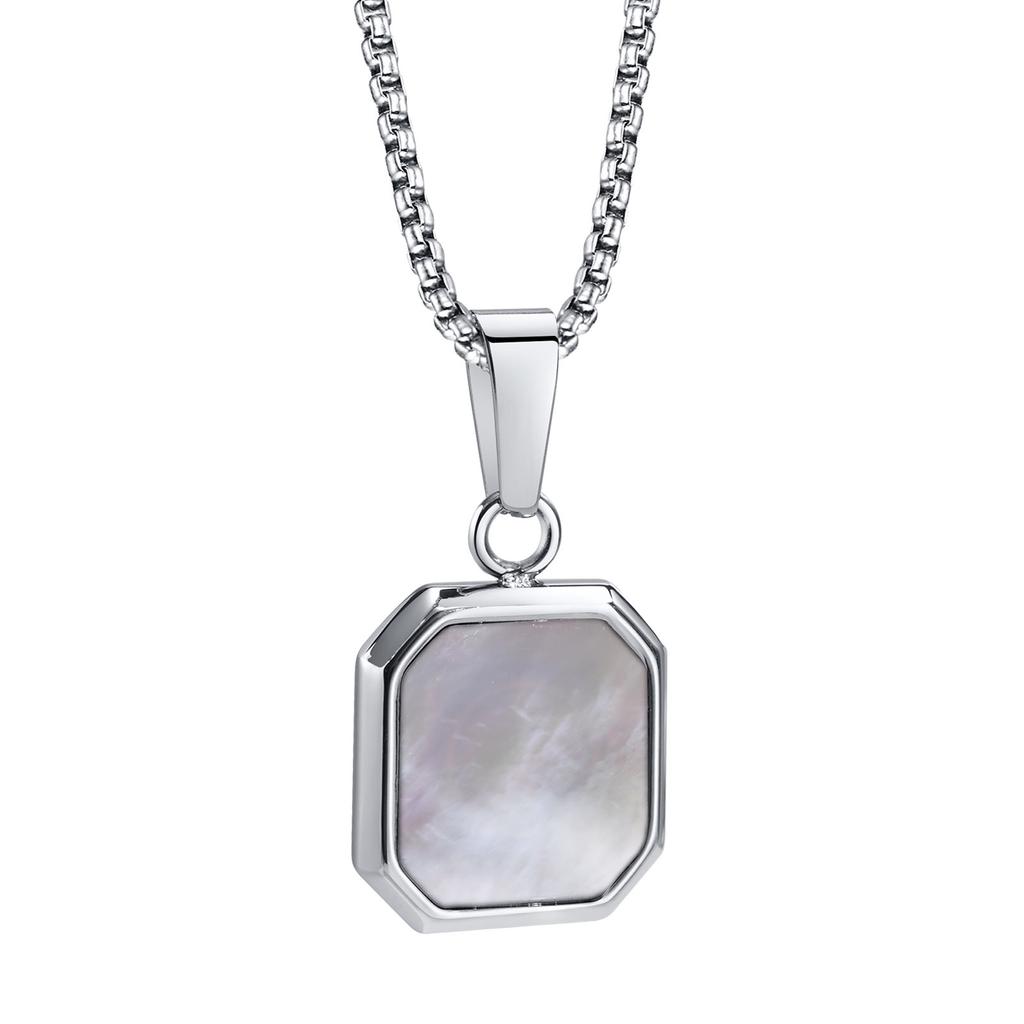 Vnox Mens Necklaces, Geometric Square Natural Stone Shell Pendant, Black Gold Color Stainless Steel Collar