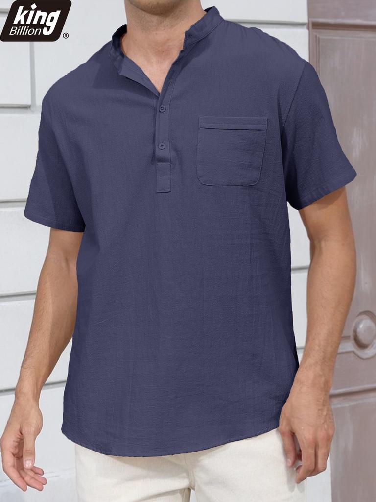 Summer New Men's Lightweight Cotton Linen Short Sleeve Henley Neck T-shirt - Breathable Casual Solid Color Tops Basic Style Tees