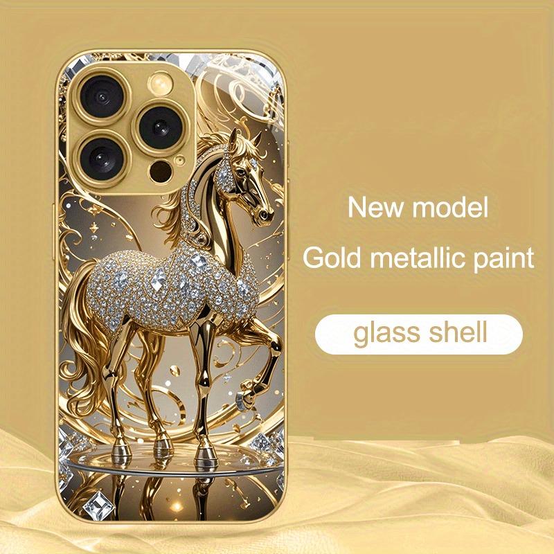 Luxury Diamond Horse Pattern Gold Metallic Paint Glass Phone Case For iPhone 17 16 15 14 13 12 11 Pro Max Plus 17 Air 16E Cover