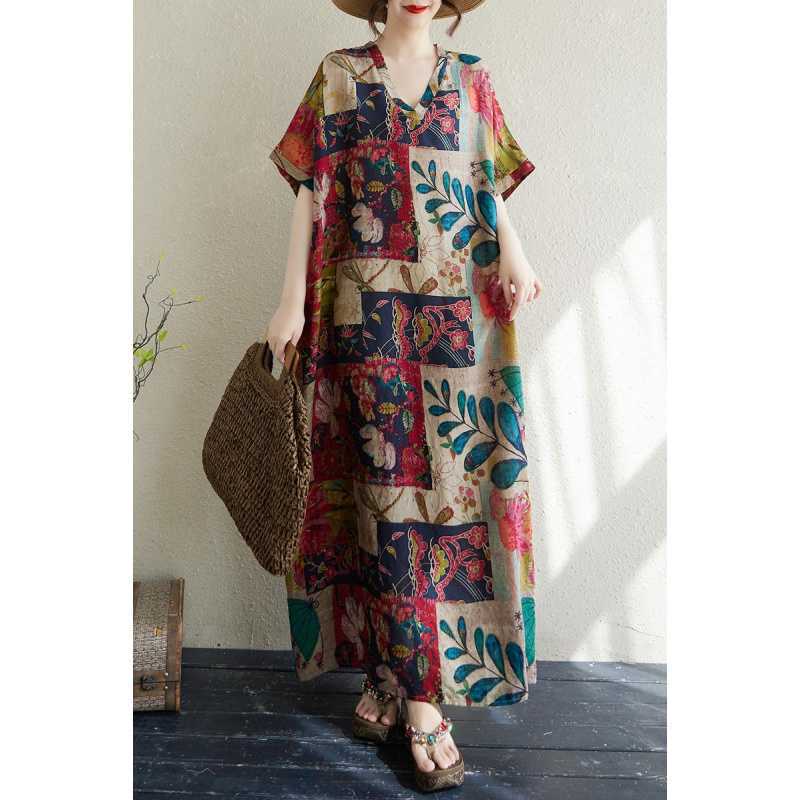 Women's Thin Cotton and Linen Loose Artistic Beach Skirt Retro Long Robe