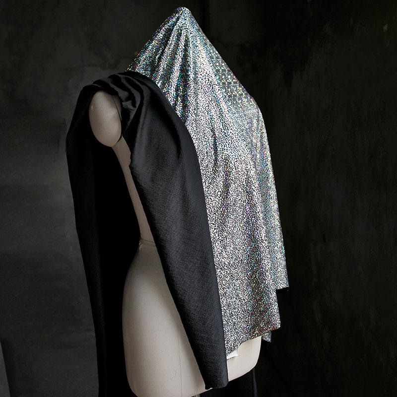 Laser Iridescent Coated Elastic Fabric, Black Base Shining Metallic Designer Fabric for DIY Fashion Show Dresses Stage Costume