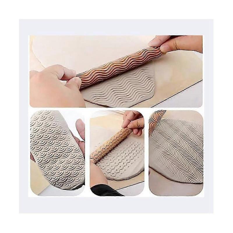 6 Wood Clay Modeling Pattern Rollers Kit, Clay Rolling Pin Textured Hand Roller Wooden Handle Pottery Tools Set