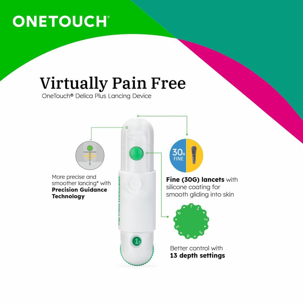 OneTouch Delica Plus Lancing Device|For Blood Glucose Testing|Silicone Coated Fine (30G) Lancets for Comfortable Testing
