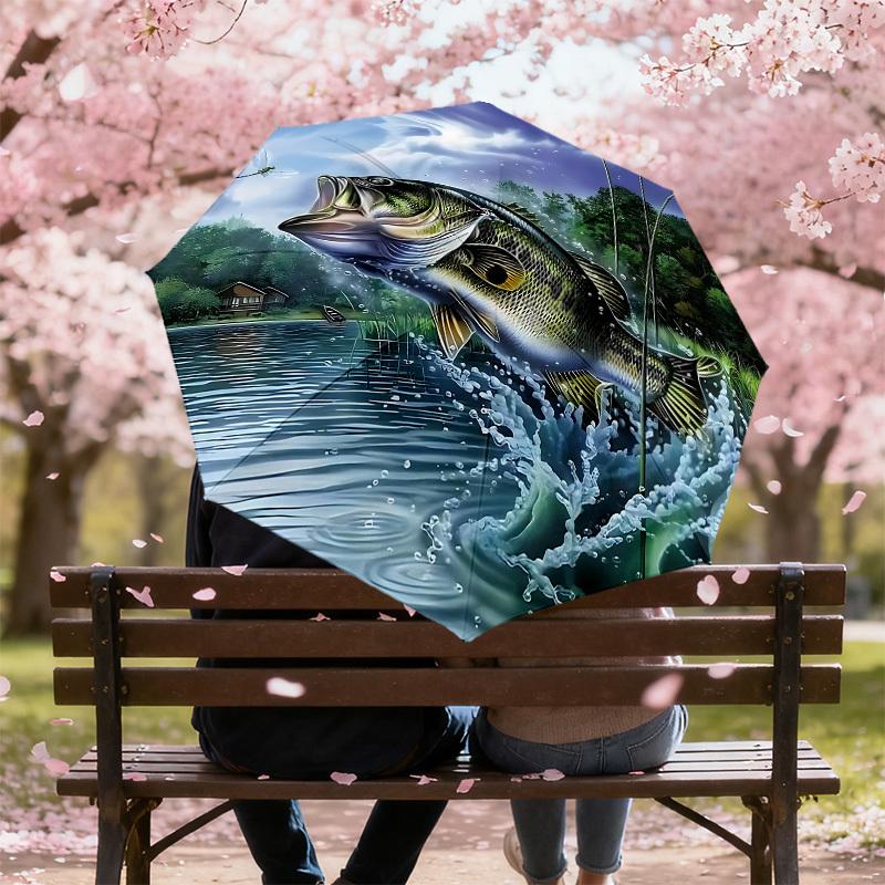 1PC Fish Lake Automatic Open/Close Umbrella with Windproof, 8-Rib Sturdy Canopy, Durable Ribs, Fashionable Design, Outdoor Accessory, Fun Prin, Holida