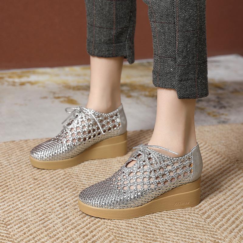 Fashion GKTINOO Genuine Leather Woven Wedges Platform Women's Shoes 2025 Summer New Lace-up Soft Sole Casual Hollow Breathable Sandals