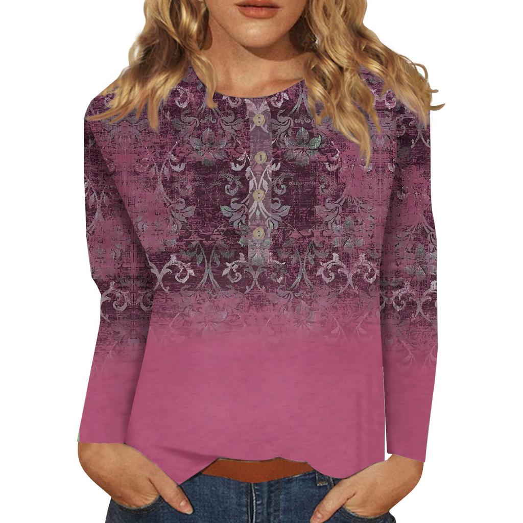 Women's Button Neck Tops Women's Blouses Women's Casual Daily Tops Long Sleeve V Neck Fashion Print Shirt Tops T Shirt Pullover Tops