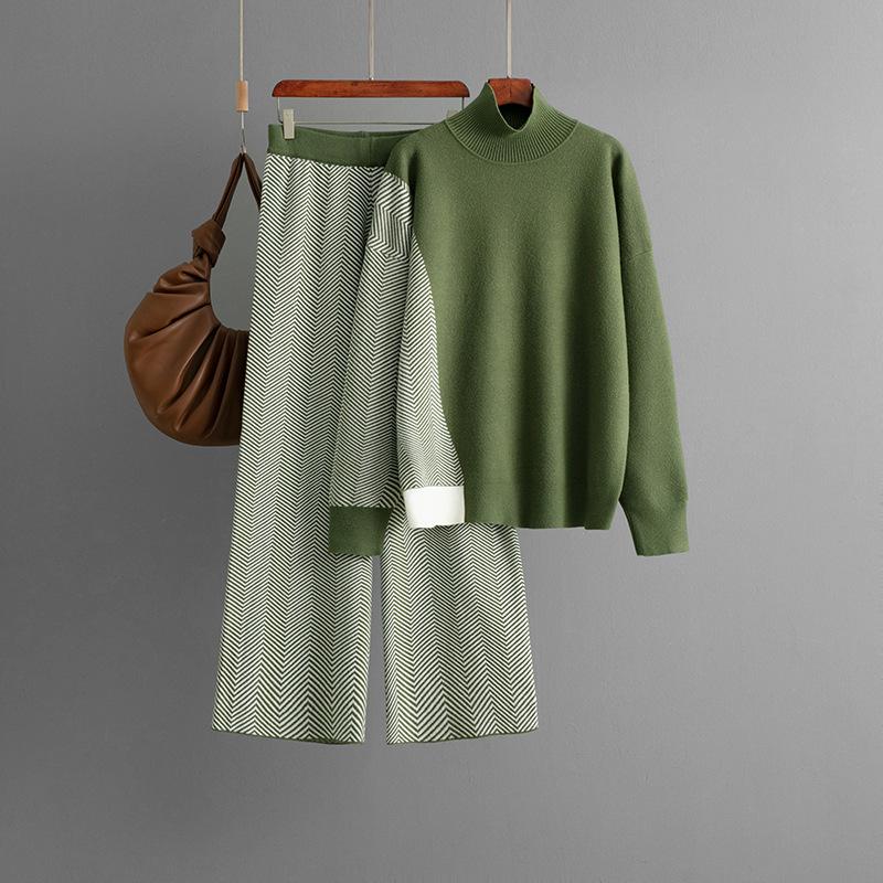 Fashion Contrasting Color Semi-turtleneck Loose Knitted Top Wide-leg Pants Two-piece Set
