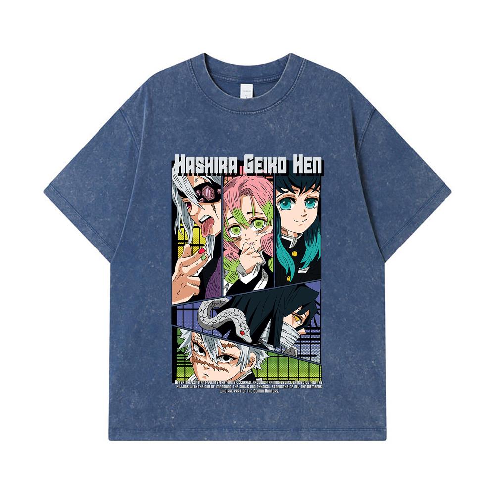 275 GSM Washed T-shirts 100% Cotton Demon Slayer V18 Hashira Geiko Print Unisex Heavy Cotton T Shirt