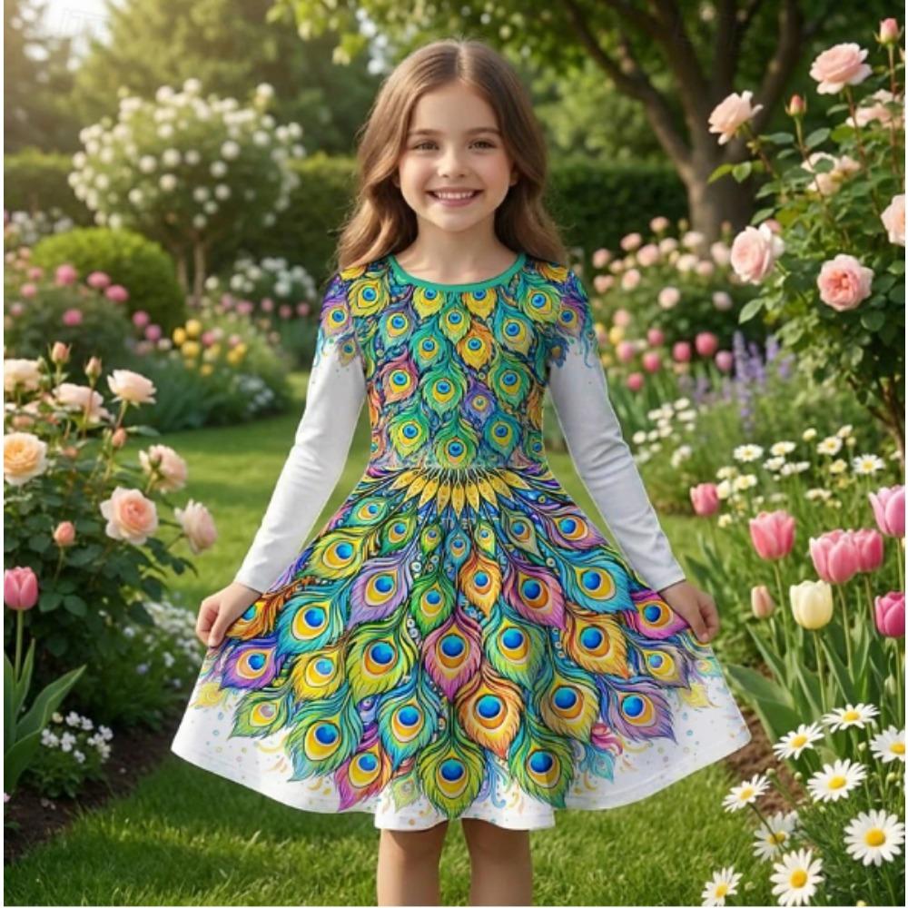 Girl Casual 3D Peacock Pattern Print Round Neck Long Sleeve Dress Kid Princess Dress 80