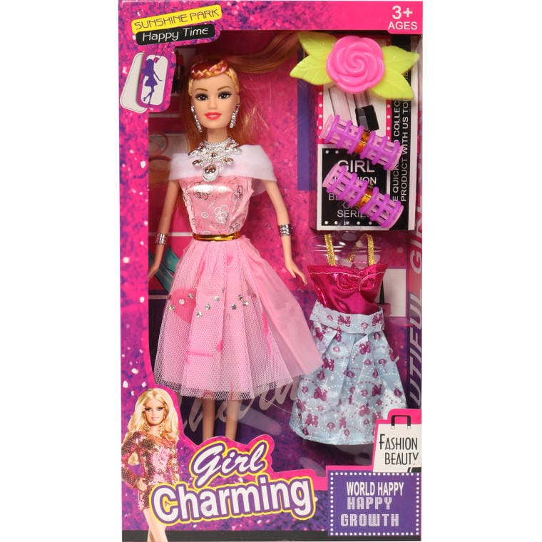 Toddler Set: Doll in a Sparkly Pink Dress with Hair Styling Accessories