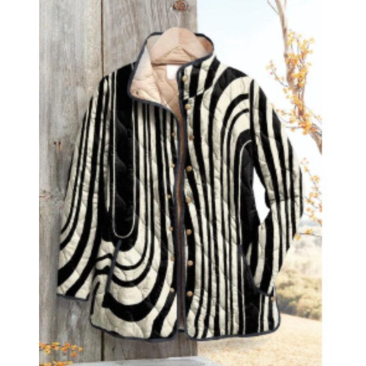 Women's Tropical Leaf Print Quilted Jacket Stand Collar Button Down Contrast Trim Casual Coat