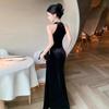 Women's French temperament mesh stitching diamond-bound velvet dress