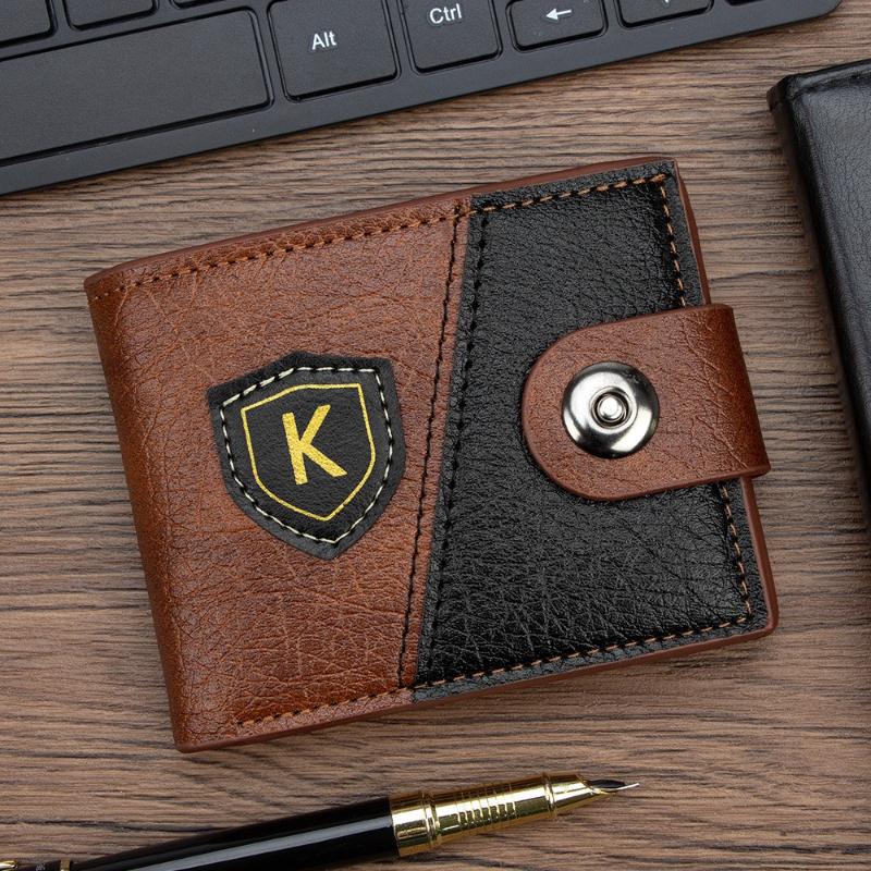 Men Leather Wallet RFID Blocking Bifold Short Wallet Card Holder Coin Pocket Button Closure Vintage Patchwork Purse