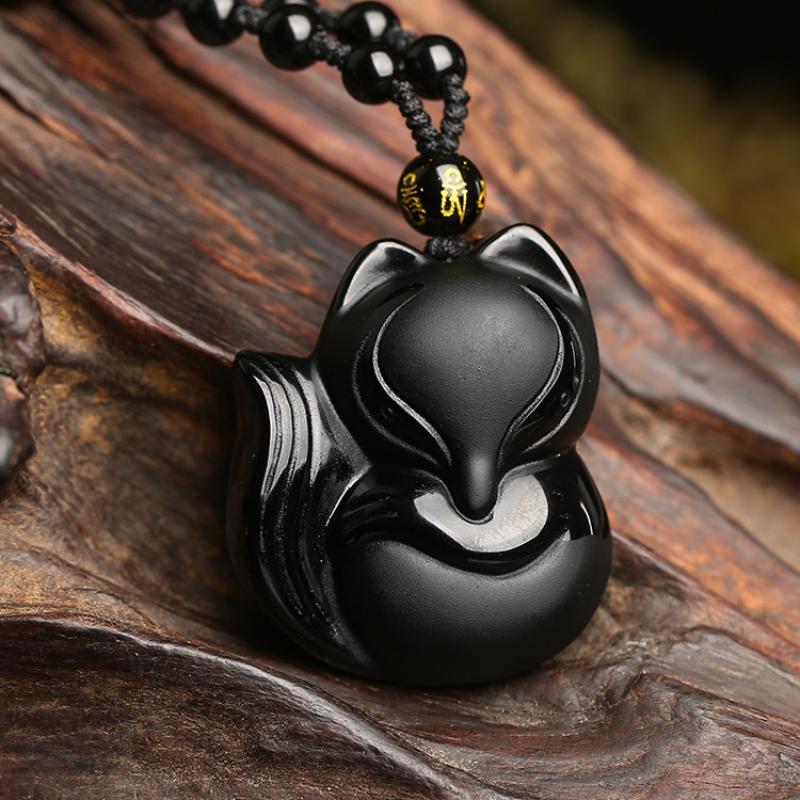 Vintage Exquisite Obsidian Fox Pendant Beaded Chain Necklace Charm Unisex Amulet Jewelry Gift