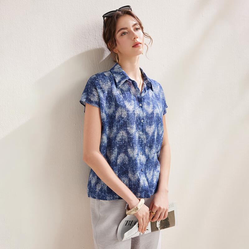 Zhaojun Damen Seidenbluse mit Print, kurzärmelig