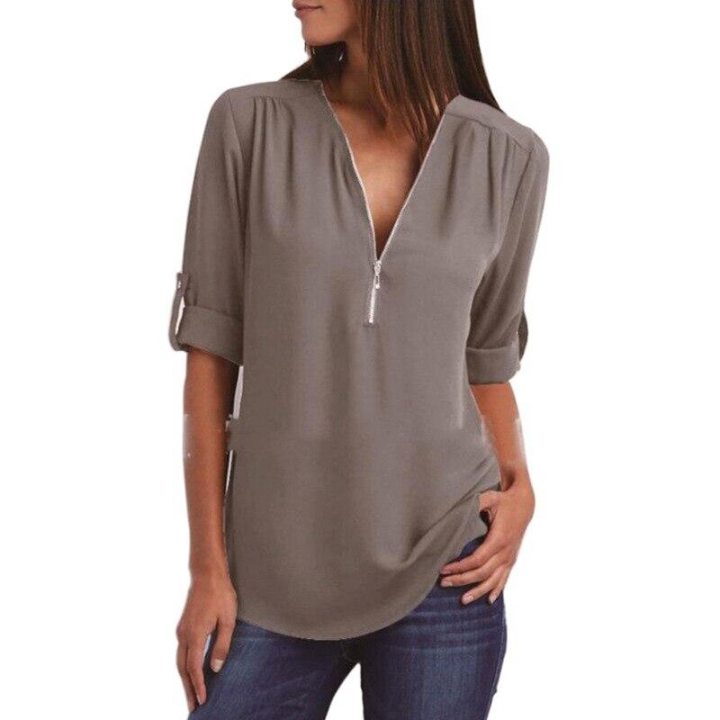 Women's V-neck Zipper Plus Size Long-Sleeved Retractable Sleeves Loose Chiffon Shirt Top M-5XL
