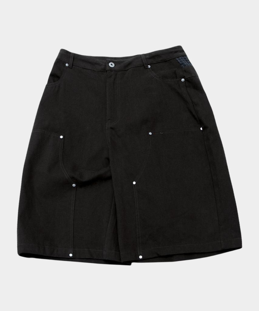SOMEPLACE MAN Back Check Rivet Point Oversized Wide Bermuda Casual Cotton Pants [Black]
