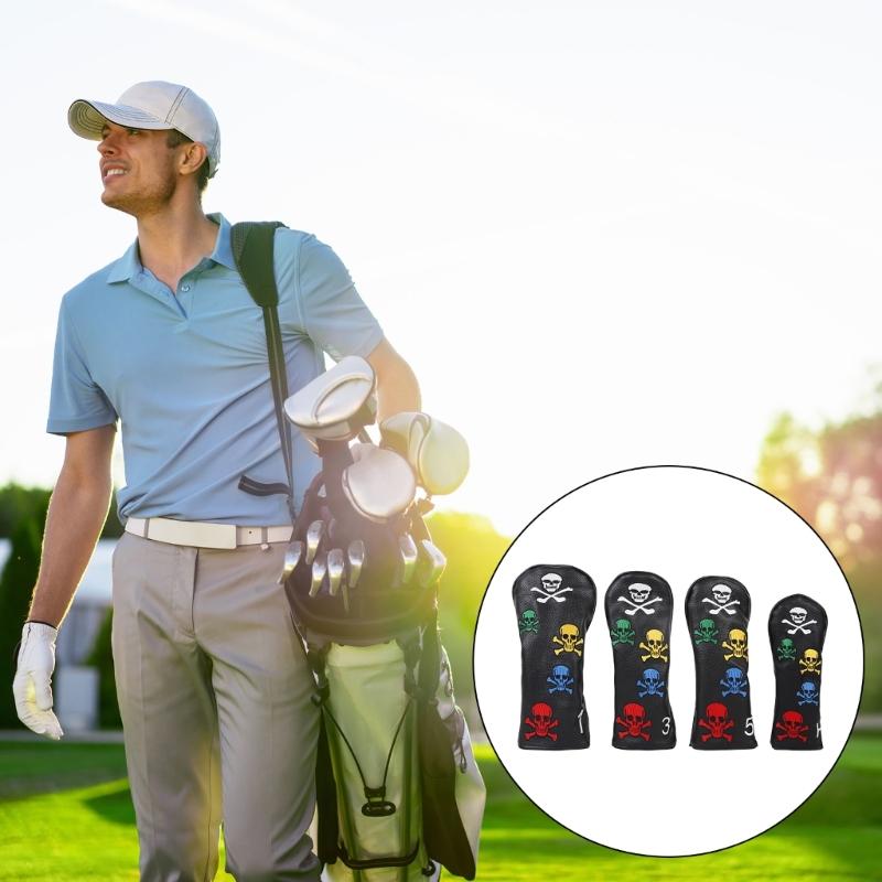 4Pcs PU Leather Golfs Club Head Cover Golfs Driver Headcover Skull Pattern Fairway Wood Headcover Hybrid Head Cover