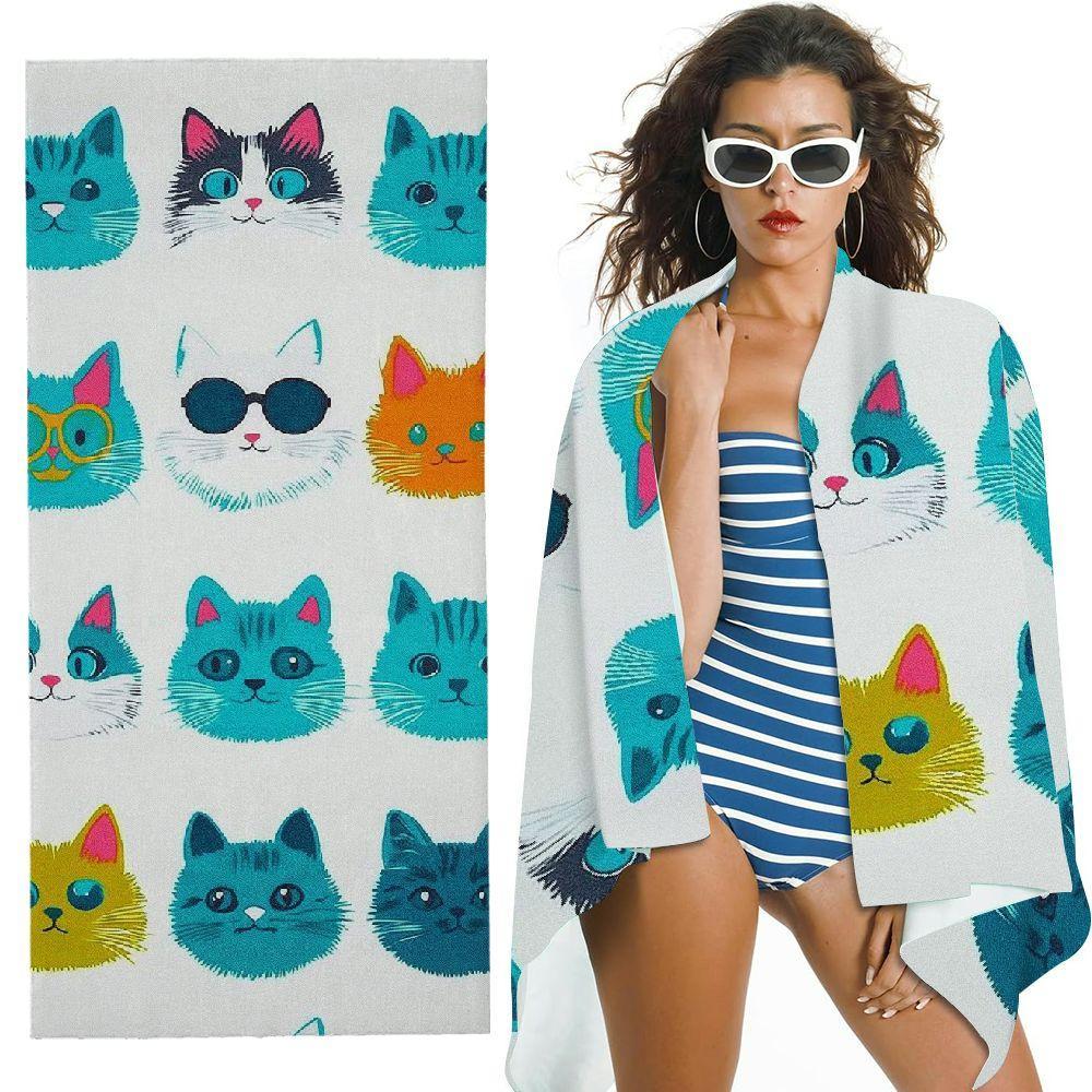 Oversized Cat Beach Towel, Soft Microfiber Quick Dry Colorful Cartoon Cat Print Bath Towel, Large Pool & Travel Beach Blanket