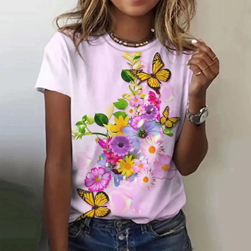 Fashion Women's Crew Neck Short Sleeve 3D Flower Color Print Crew Neck T-shirt