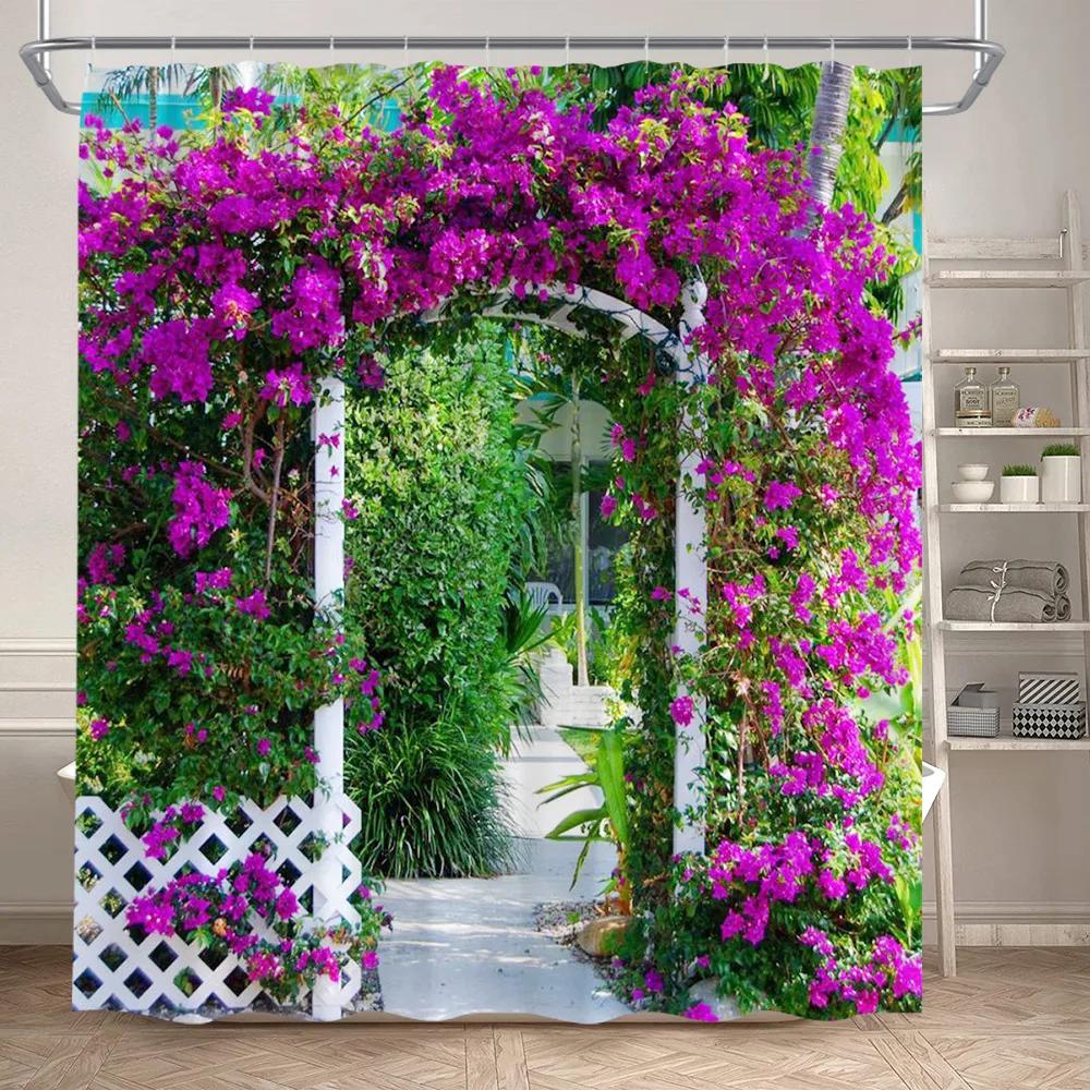 Fence Flowers Shower Curtains Blue Window Nature Floral Plants Scenery Modern Garden Wall Hanging Home Bathroom Decor with Hooks