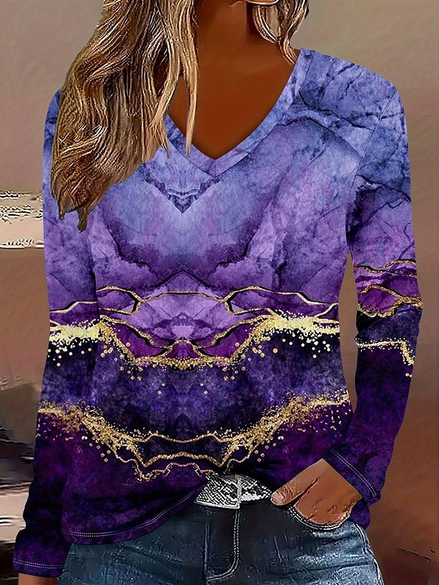 

2025 Женская футболка Графическая Геометрическая Линия Элегантная Модная Футболка с Длинным Рукавом V-образный вырез Обычные Топы Пуловер Осень Зима XS