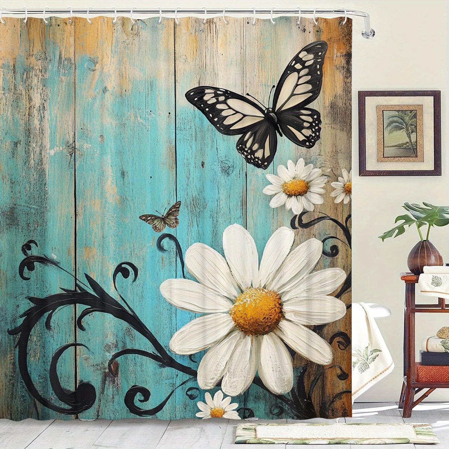 

White Chrysanthemum Butterfly Theme Shower Curtain With Hooks For Room Home Hotel Machine Washable Curtain Bathroom W60H190(CM)-1 Pcs