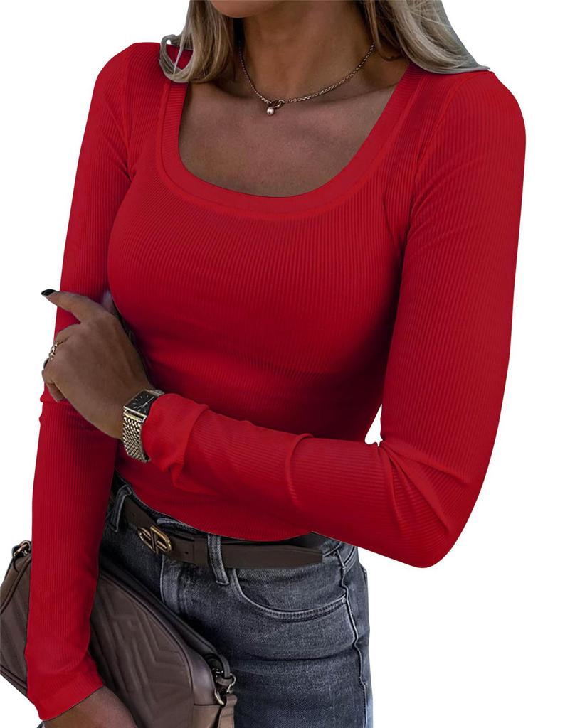 Women's U Neck Long Sleeve Tee Slim Fit Casual Ribbed Knit Solid Color Spring Basic Top
