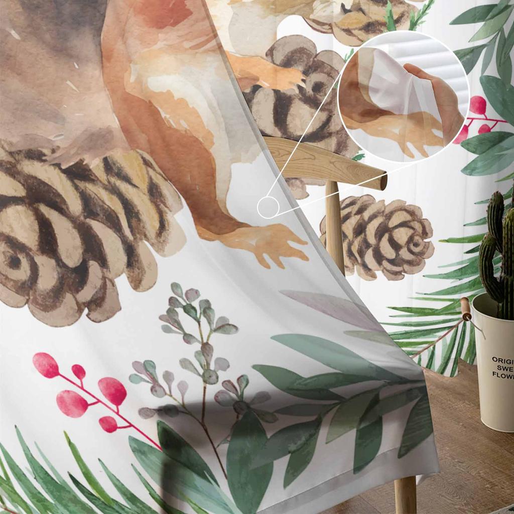 Christmas Plants Pine Needles Pinecone Squirrels Sheer Curtains Modern Gauze Curtain for Living Room Bedroom Voile Yarn Curtains
