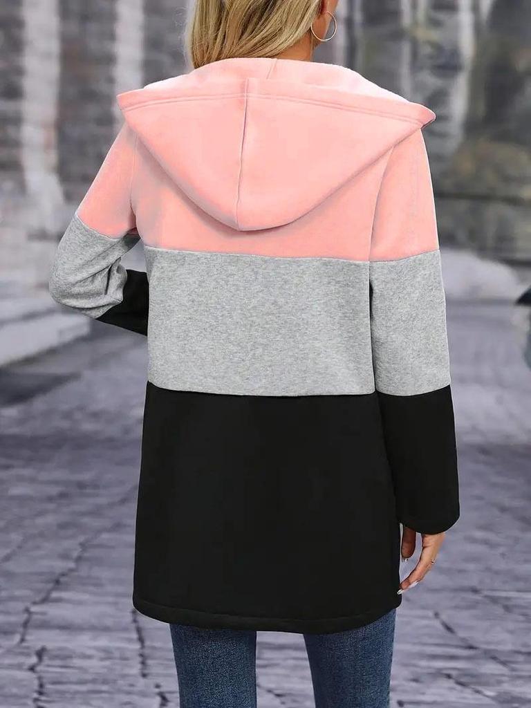 Women's Casual Color Block Hooded Jacket with Three-Color Splicing for Autumn/Winter