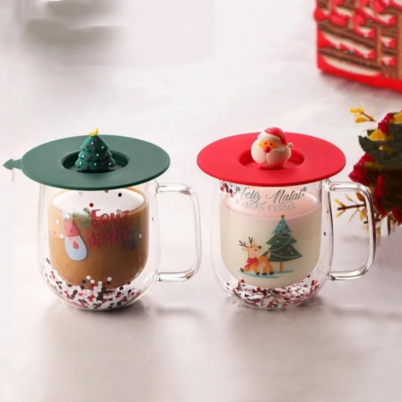 Christmas Double-layer Glass Cup with Silicone Lid Santa Claus Christmas Tree Breakfast Milk Cup Insulated Anti-scald Coffee Cup