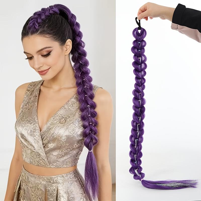 

32inch Synthetic Braided Purple Hair Ponytail with Tinsel Hair Super Long Extensions Shiny Tinsel Hair for Kids Party Use Wig