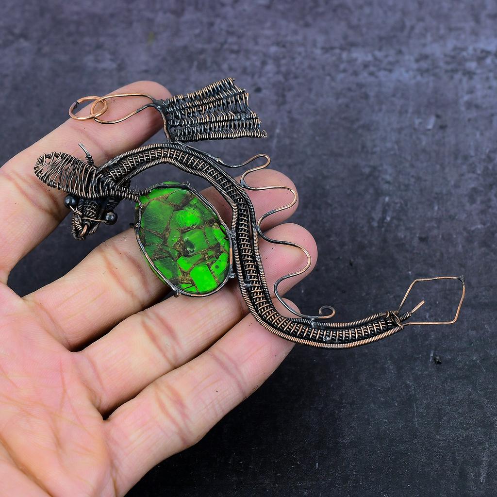 Natural Green Turquoise Handmade Copper Wire Wrap Dragon Gift Pendant 4.53" d2u55