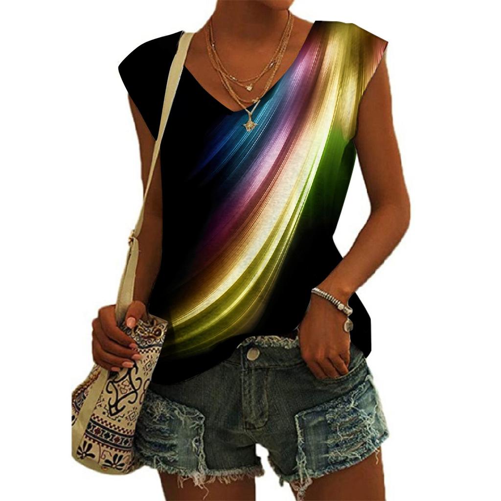 Women's Casual Top V-neck Print Loose Pullover Short Sleeve T-shirt