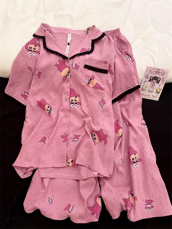 

Color edge pink crayon small new pajamas women s summer short-sleeved trousers two-piece set women s casual loungewear S