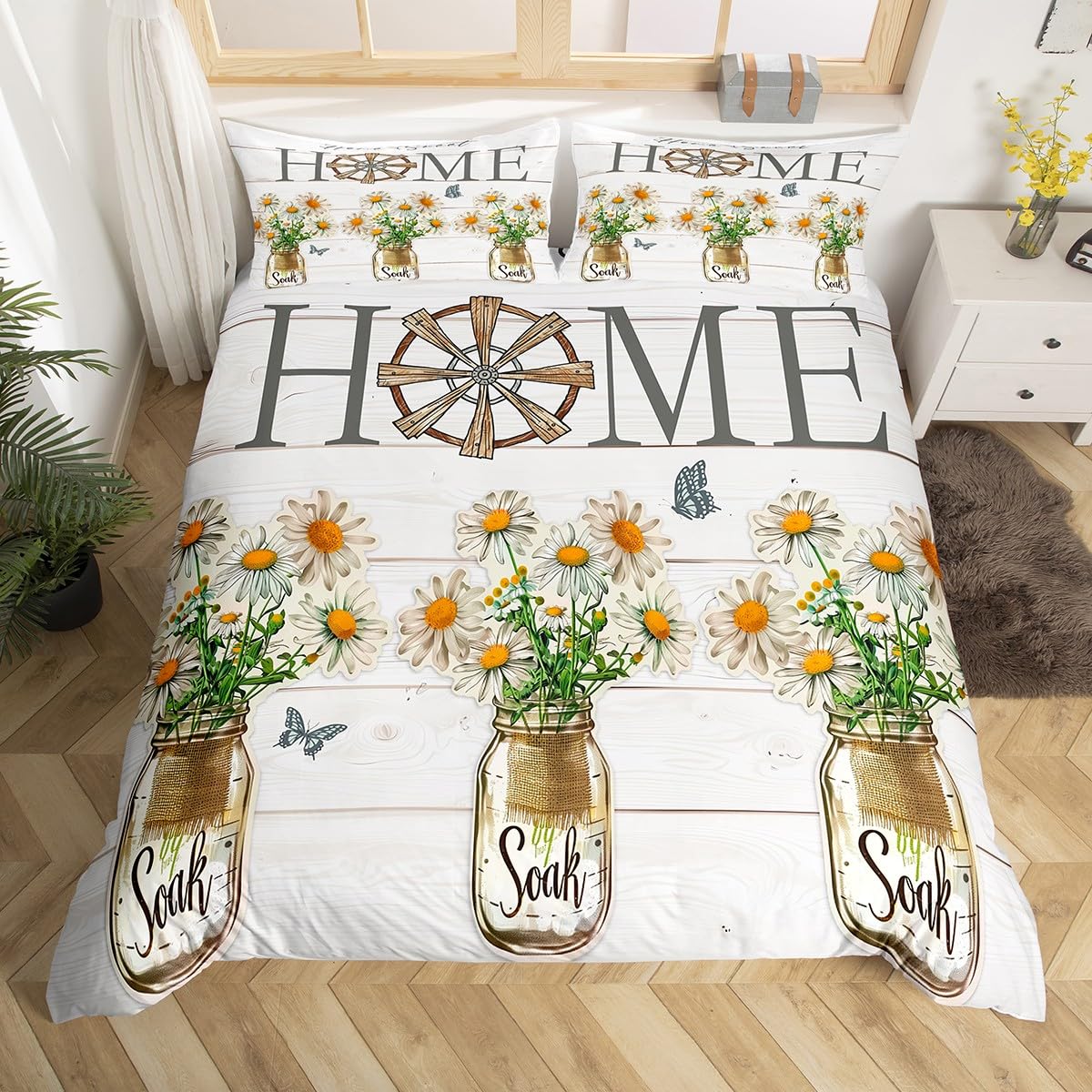 

Botanical Daisy Duvet Cover Queen Rustic Wooden Flower Dragonfly Bedding Set Retro Country Farmhouse Barndoor Comforter Cover EU Single(135x200cm)
