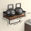 Wall mounted forged iron tissue holder with recycled wooden storage rack - space saving bathroom organizer