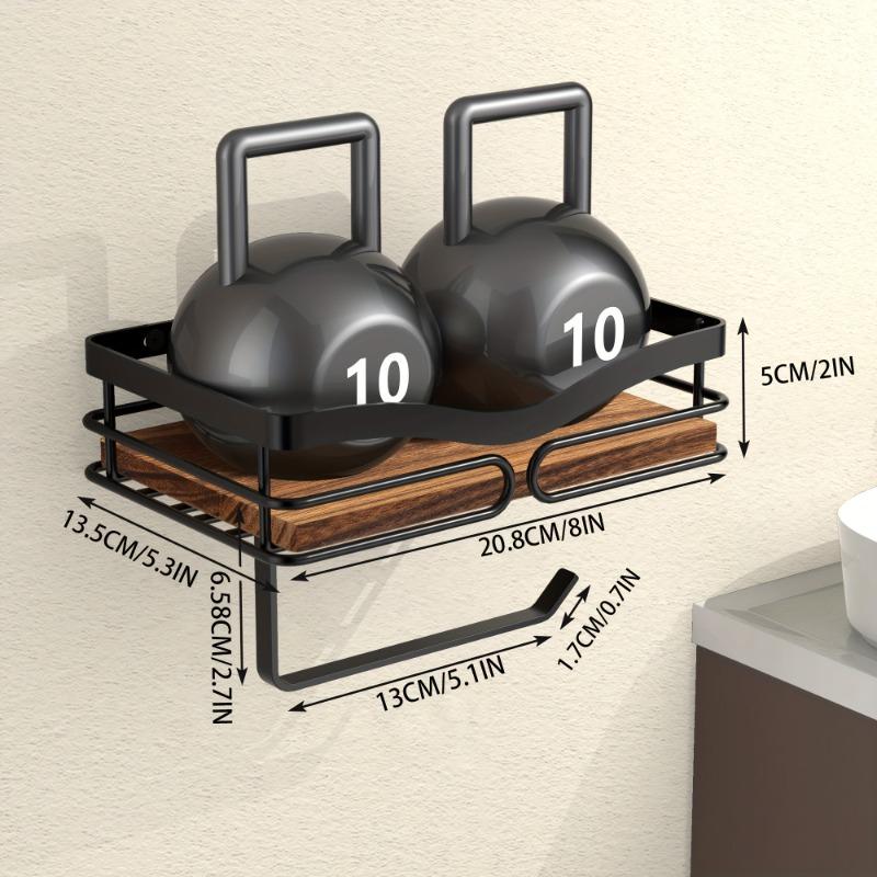 Wall mounted forged iron tissue holder with recycled wooden storage rack - space saving bathroom organizer