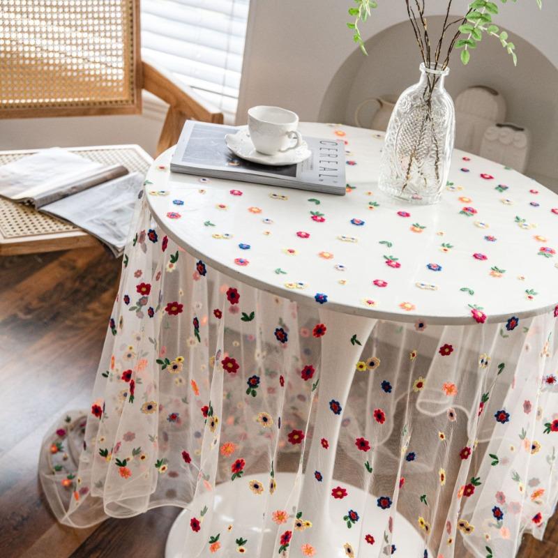 1pcs Colorful Floral Embroidery Table Cloth Simple Elegant Lace Transparent Tablecloth Festival Wedding Party Decor Tablecloth