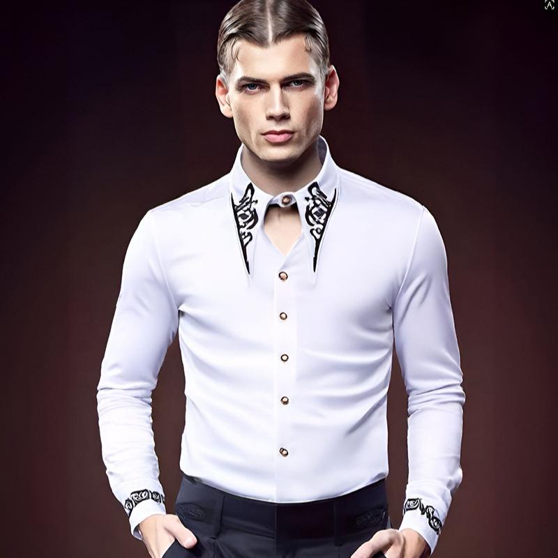 Men's Gothic Embroidered Button Down Shirt Vintage Long Sleeve Slim Fit Dress Shirt Party Formal Blouse
