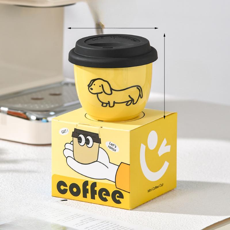 Yellow Hand Holding Cup Ceramic with Lid Drinking Coffee Cup Boy Gift Funny Couple Doodle Puppy Small Cup