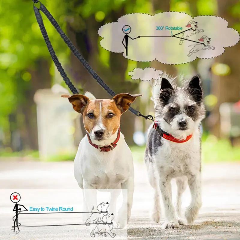 Neue Doppelkopf-Haustier-Schleppleine Eins Ziehen Zwei Nachtreflexion Anti-Verwicklung Elastisches Nylon Spaziergang Hund Leine Zubehör