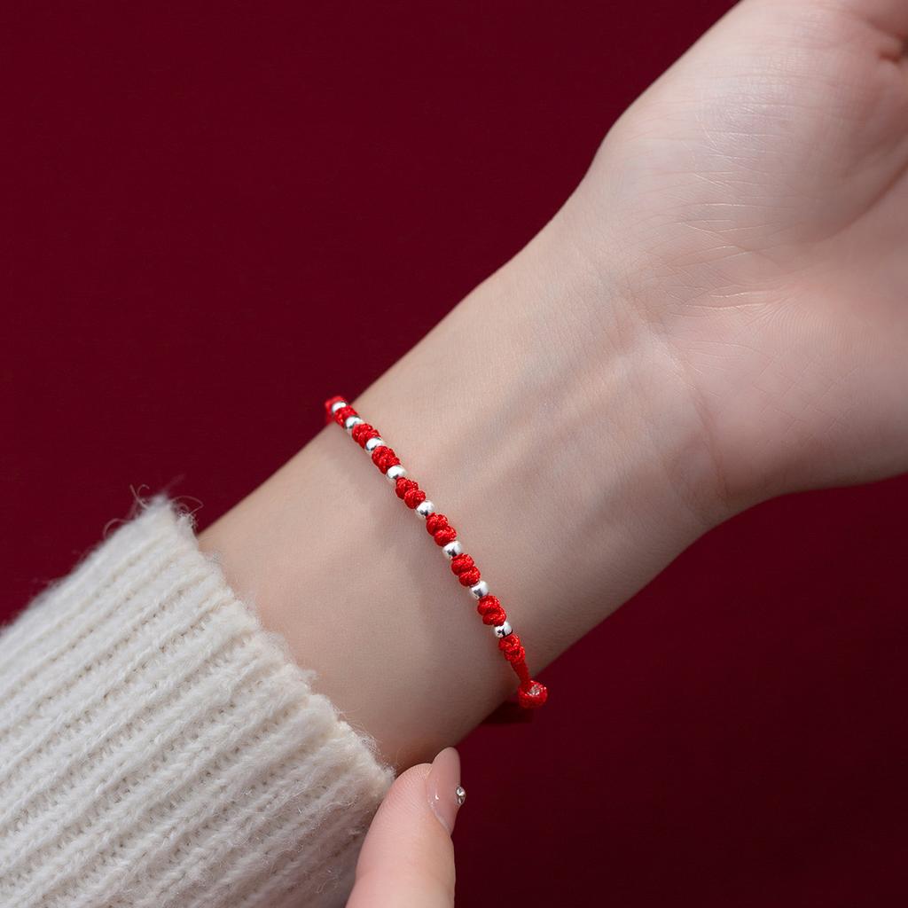 La monada 25cm Lucky 925 Silver Rope Bracelets Women Silver 8 Bead Red Thread Line String Bracelets For Women Girl Adjustable