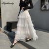 2025 Wiosna Lato Kobiety Maxi Długa Biała Spódnica Wysoki Stan Warstwowe Falbany Księżniczka Spódnica Słodkie Romantyczne Damskie Koronkowe Spódnice Warstwowe