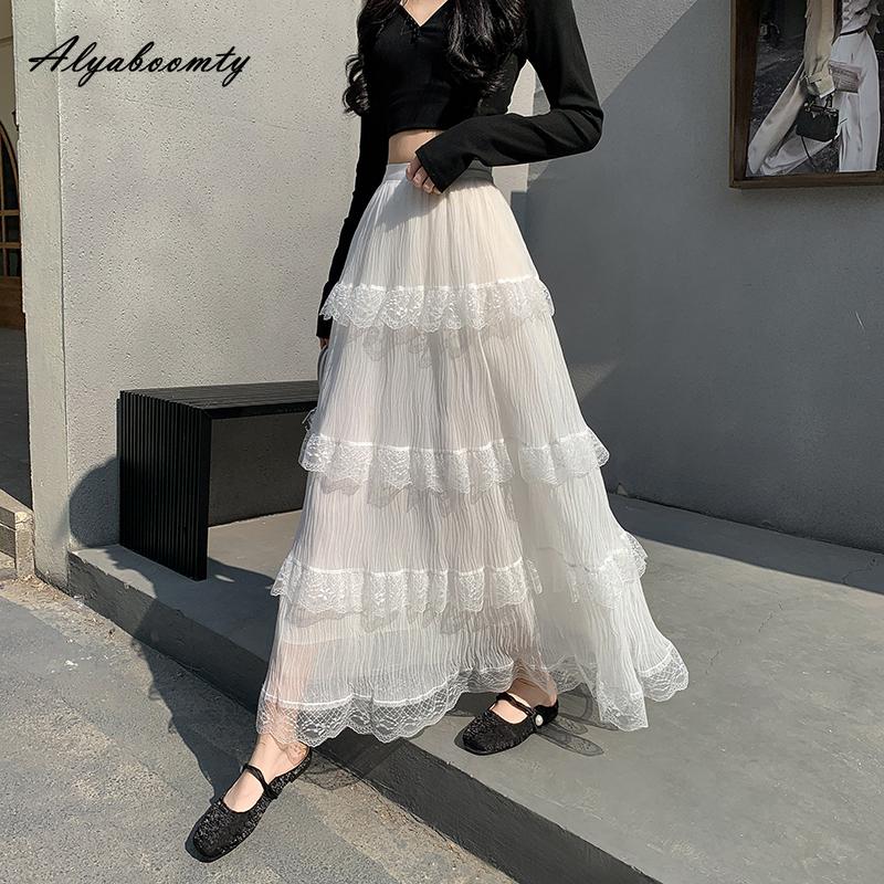 2025 jaro léto ženy maxi dlouhá bílá sukně s vysokým pasem vrstvené volánky princezna sukně sladké romantické dámské krajkové sukně