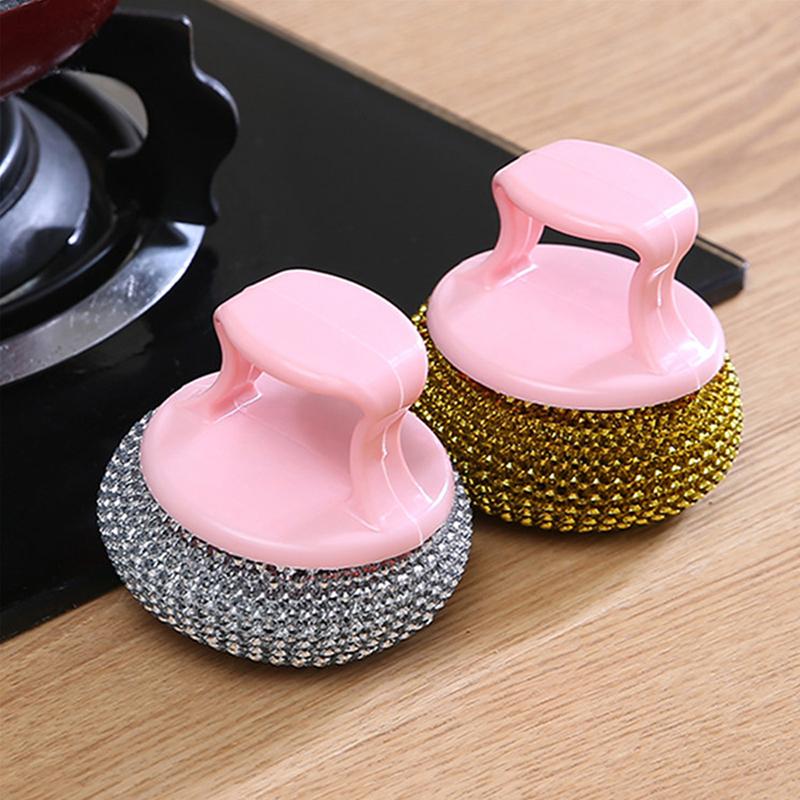 Wire Ball Brush With Long Handle Pan Cleaning Brush Dish Handle Washing Brush Stainless Steel Wire Ball Kitchen Cleaner