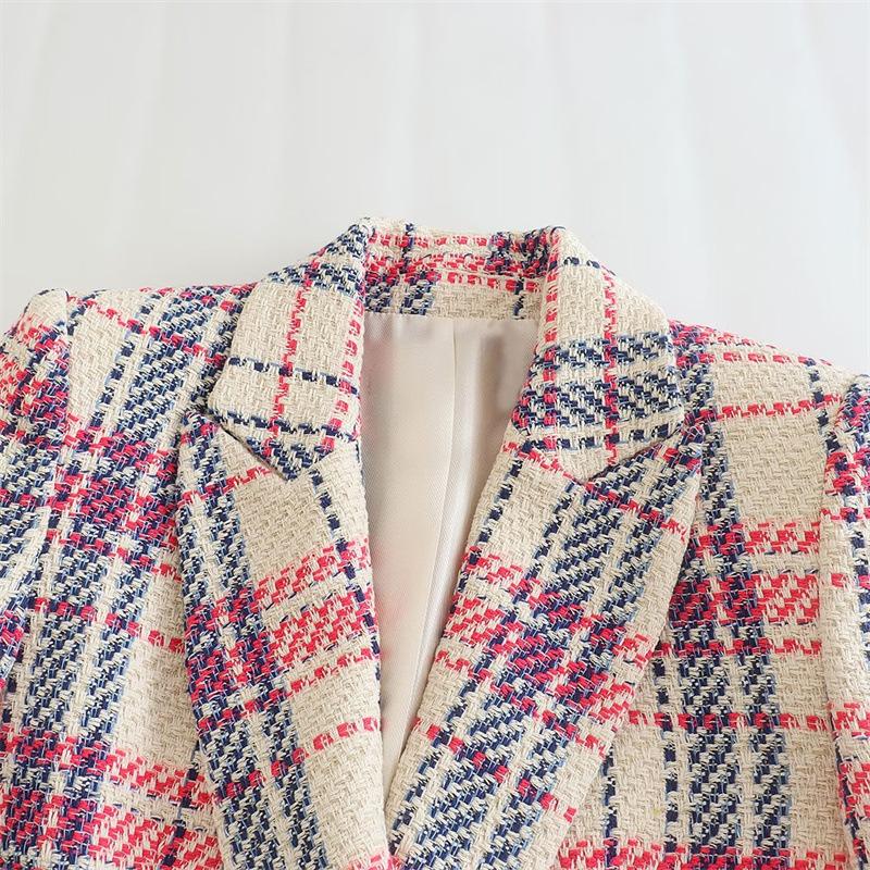 Women's Spring and Autumn Chunky Texture Double-breasted Slim Plaid Square Shoulder Blazer